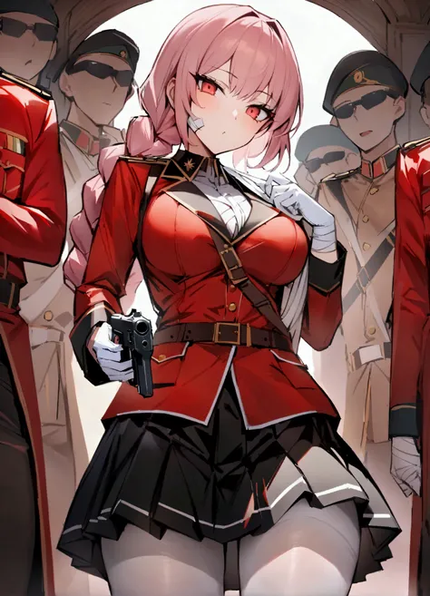 Highest quality, masterpiece, High resolution, 一人in, {Florence_Nightingale_fgo:1.15}, lupong_hair, pink_hair, red_eyes, chest, army, big_chest, 前hair, Braiding, bandage_that&#39;s all_upone_eye, One girl, belt, black_coin, black_skirt, coin, coin_upon_shou...