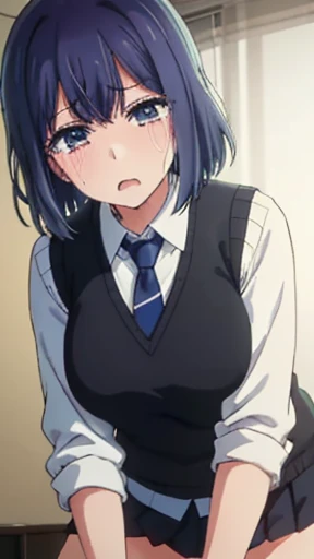 Beautiful lighting, 1 girl, alone, Akane, White shirt, Sweater vest, Black vest, Blue tie,Navy Skirt,Panties,Butt, ((Anime Style))、((2D))、Crying face、Open your mouth,doggystyle,Highest quality,Highest quality,One Man,POV fuck,oil,Saliva,tears,Sweat