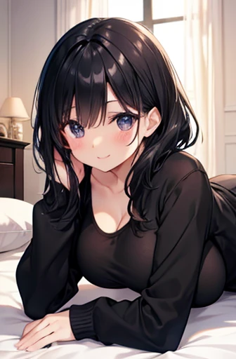 beautiful girl　knit　night　Black-haired　bed　On all fours　take off your clothes　smile、Large Breasts、Long black hair