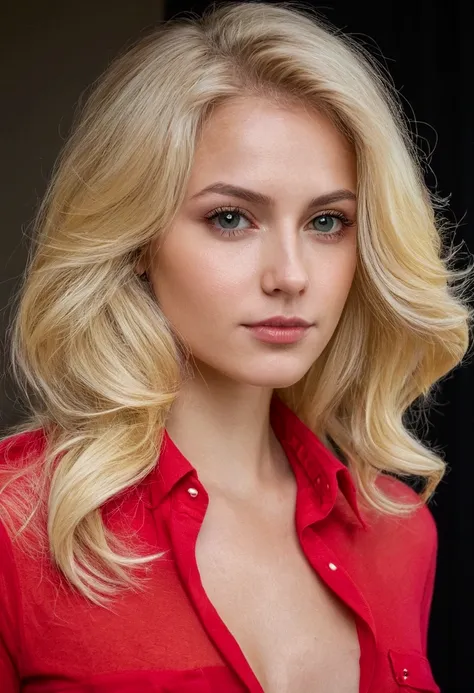 Femme blonde aux cheveux longs et chemise rouge regardant la caméra, Gros plan d&#39;une femme blonde, Caractéristiques blondes et attrayantes, Femme suédoise blonde, Femme blonde, une photographie d&#39;une belle femme, Femme captivante, Jeune femme blond...