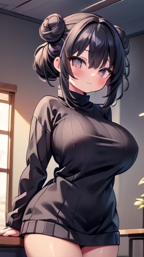 highest quallity,marvelous,finely,Extremely detailed CG 8k unity wallpaper, (1 girl, Bblack hair, double bun), (Breasts huge:1.1),(ombro to ombro sweater:1.3), (zetai ryouiki:1.4)