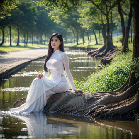 ((ao dai, chubby body, big breasts, big breasts, big breasts, sitting on the bank of a stream, the scenery around the stream is ...