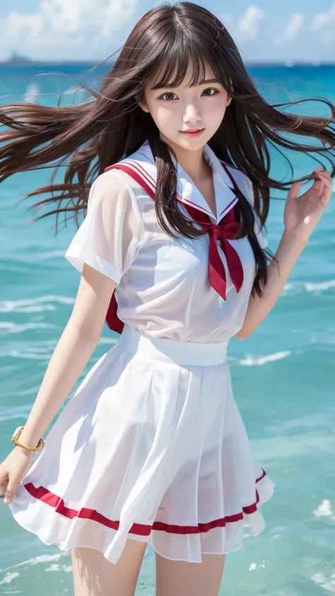 Cute Girls､high school girl､uniform､Idol､See-through､Ocean､Sandy Beach､Fluttering in the wind