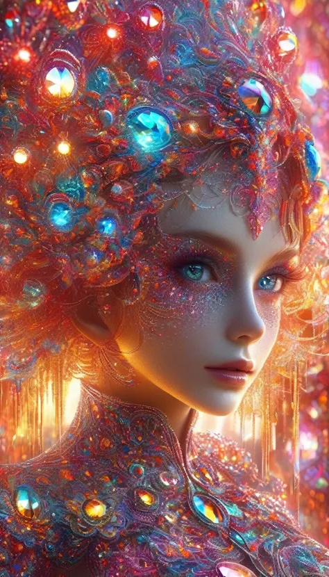 close-up of the eyes, fractal，glowing，1girl，bling bling, veela, very fine luminous quantum dots, extraterrestrial