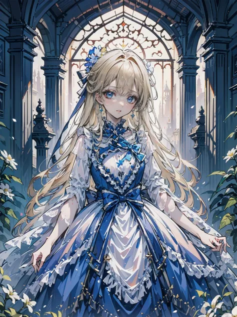 art：Cornflower,(masterpiece),(4K),high quality,(Perfect Anatomy),Flat Chest,((One girl)),(alone),Fairy,Long blonde hair,Pale skin,Beautiful and exquisite blue eyes, (Highly detailed elegant),(Detailed medieval costume),Detailed skin,Add a dramatic and symb...