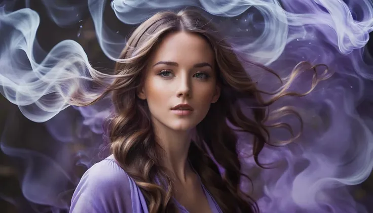 create a bust of an avatar from a ((brunette woman with wavy hair with an air of spirituality)), she has large ((long brown hair...