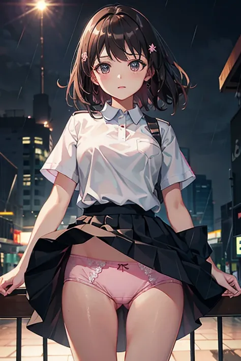 typhoon、heavy rain、In town、 in uniform、Checkered Skirt、Dark Brown Hair、The wind lifts her skirt, revealing her pink panties