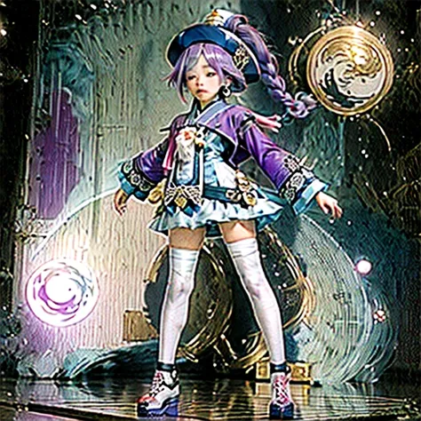 masterpiece, best quality, 10 years old, 1girl, qiqi (genshin impact), solo, thighhighs, hat, purple hair, white thighhighs, hai...