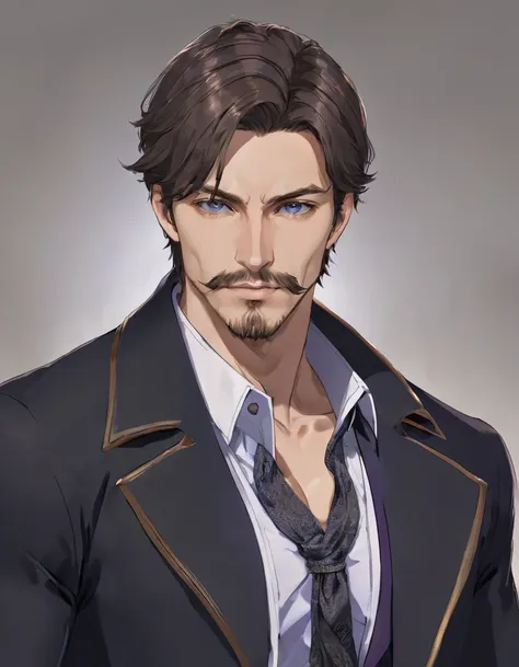 1man, mature male, parted bangs, medium-short hair, brown hair, muscular male celeb, short goatee, short mustache, indigo eyes, gentleman, elegant netori male, dark iris, upperwaist, ideal ratio body proportions, 1man, mature male, parted bangs, medium-sho...