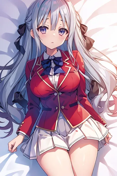 silver hair、high school girl、white mini skirt、cute、high quality、droopy eyes、long hair、red clothes、for hair３two black ribbons、big...