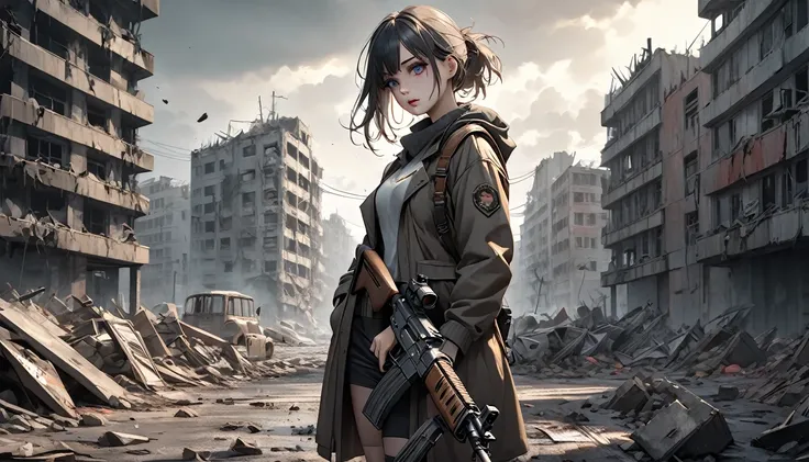 A girl in a post-apocalyptic setting, tattered clothing, holding an AK-47 assault rifle, detailed face, beautiful detailed eyes, beautiful detailed lips, extremely detailed eyes and face, long eyelashes, post-apocalyptic environment, ruined city, debris, g...