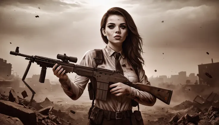 A girl in a post-apocalyptic setting, tattered clothing, holding an AK-47 assault rifle, detailed face, beautiful detailed eyes, beautiful detailed lips, extremely detailed eyes and face, long eyelashes, post-apocalyptic environment, ruined city, debris, g...