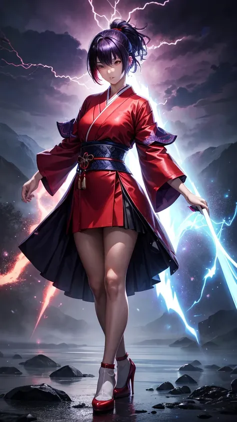 realistic image of japanese girl with short  purple hair and long pony covered her eyes,  wearing short red dressed, red high heels, her  hands cast a blue spell of thunder, blue auras  come out from her, dark and mist background,  8k, ultra hd 