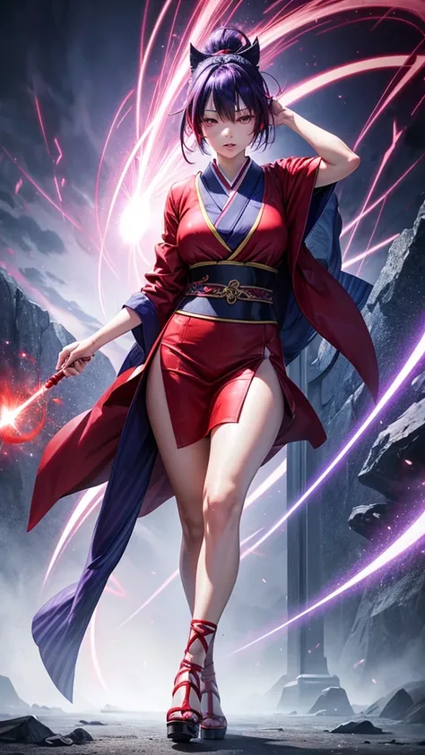 realistic image of japanese girl with short  purple hair and long pony covered her eyes,  wearing short red dressed, red high heels, her  hands cast a blue spell of thunder, blue auras  come out from her, dark and mist background,  8k, ultra hd 