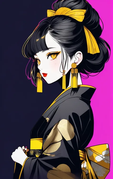 (best quality, sketch:1.2),realistic,illustrator,anime,1 girl, detailed lips, kimono,custom, black and gold gradient background,neon hair,textured cropping, masterpiece, style retro classic, noir style 