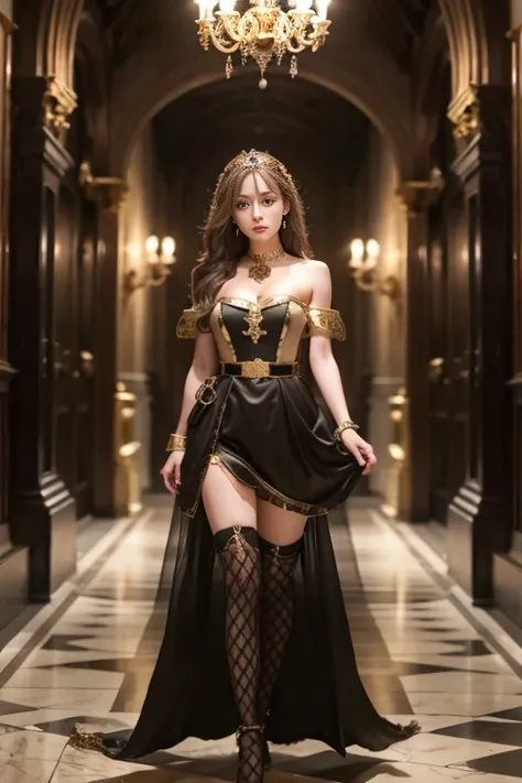 masterpiece, Highest quality, Realistic, Very detailed, Finer details, High resolution, 8k wallpaper, One beautiful woman, Dressed in a lovely gold and black bunny girl outfit, wearing the garterbelt, In the hallways of a wonderful medieval castle, At nigh...