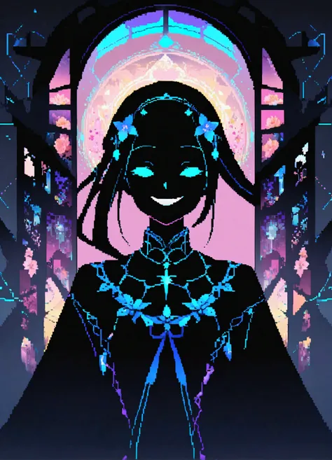 (Highest quality、Super detailed)、Silhouette Art、One woman、solo、Close-up、Crazy Smile、Gothic Shrine Maiden、、Glowing Wireframe、oil、Formula、Bioluminescent Arc、Glitch Art、Floral、Mosaic Art、Ultra-high resolution、Absurd、Double Exposure、BREAK score_9、score_8_up、sc...