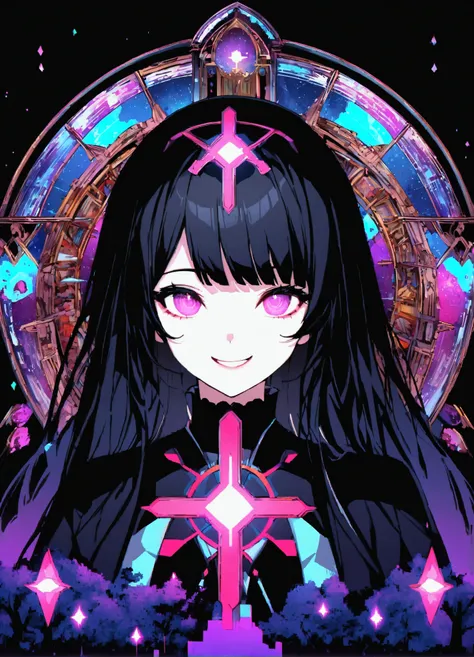 (Highest quality、Super detailed)、Silhouette Art、One woman、solo、Close-up、Crazy Smile、Gothic Shrine Maiden、、Glowing Wireframe、oil、Formula、Bioluminescent Arc、Glitch Art、Floral、Mosaic Art、Ultra-high resolution、Absurd、Double Exposure、BREAK score_9、score_8_up、sc...