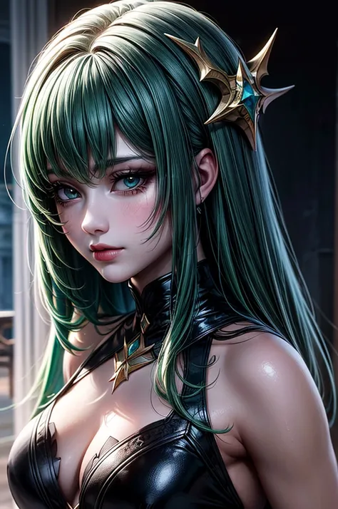 In the middle of  forest  plane there is beatiful siren who dance under the stary night sky, she have neatiful face long green hair with orange highlights her eyes in emerald green  red lipsick and smoky eyes make up, hwe haken body civer only with black t...