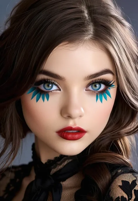 Full-length view, stunning beautiful model (India Eisley), hyper-detailed eyes and face, extreme angle, perfect makeup. Art by Chrissy Zullo, illustrations characterized by a distinct mix of whimsical elements with darker undertones, with predominantly fem...