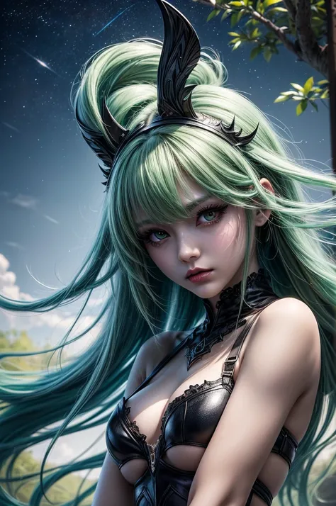 In the middle of  forest  plane there is beatiful siren who dance under the stary night sky, she have neatiful face long green hair with orange highlights her eyes in emerald green  red lipsick and smoky eyes make up, hwe haken body civer only with black t...