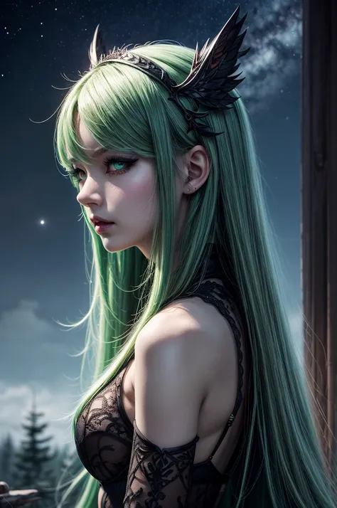 In the middle of  forest  plane there is beatiful siren who dance under the stary night sky, she have neatiful face long green hair with orange highlights her eyes in emerald green  red lipsick and smoky eyes make up, hwe haken body civer only with black t...