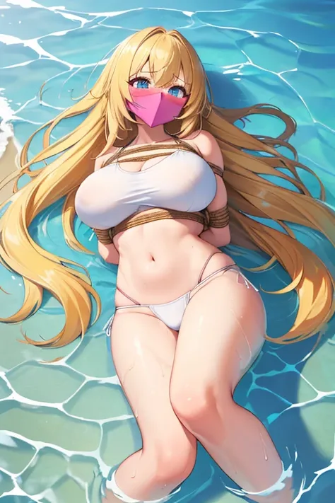 1 girls, (detailed light blue eyes, lange wimpern, detailed beautiful face:1.1), 4k quality, Haare Seiten nach oben, (Long blonde hair:1.4), (arms behind back:1.3), (big breasts:1.5), Red rope, (blushing:1.3), erina nakiri, long hair, hair between eyes, (w...