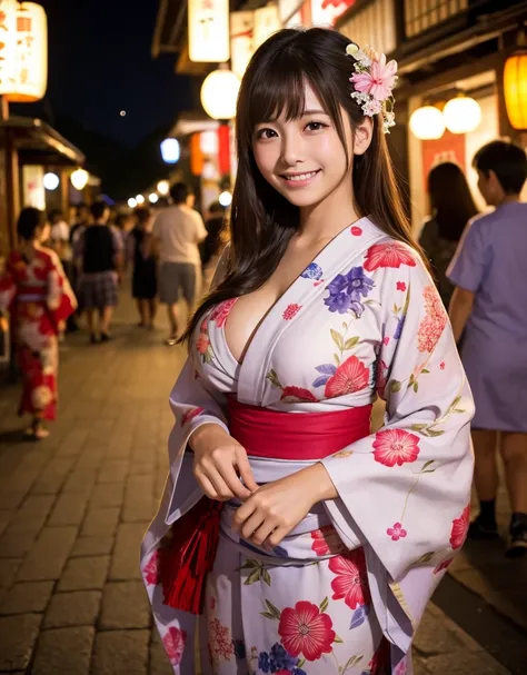 Highest quality、8k、High resolution、Japanese、Beauty、gravure、cute、Big Breasts、yukata、Festivals、night、playing、smile