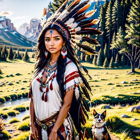 a beautiful native north american woman in sexy native American clothes with her dog, green grass, trees, flowers, mountains, full-lenght, high detailed, realistic full-lenght photo ((best quality)), ((masterpiece)), detailed soft oil painting, detailed ba...