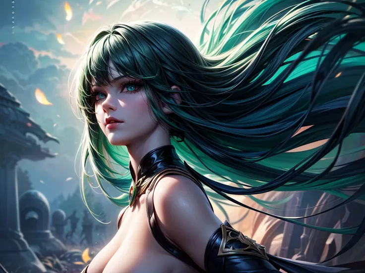 In the middle of  forest  plane there is beatiful siren who dance under the stary night sky, she have neatiful face long green hair with orange highlights her eyes in emerald green  red lipsick and smoky eyes make up, her naked body cover only with black t...