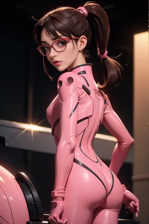 8k photo, Super realistic, Beautiful features, Double eyelids,,Clean eyes,（1.5)Woman posing in pink suit、((1girl in))、brown haired、hyperdetailed face、very detailed lips、Detailed eye、((Beautiful girl in pink plug suit and glasses))、((A beautiful girl who lo...