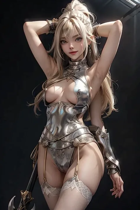 (((Pointy big)))、(((Stretched nipples)))、(((Exposed vagina)))、((Blonde Straight Hair))、((Silver Headband))、Fantasy、naked、Tiny bangs、プラチナブロンドのnakedの戦士の少女、young woman, 18-year-old, かわいいnakedの女性, A cheerful smile, The body is slim, The crotch is open, The gap...