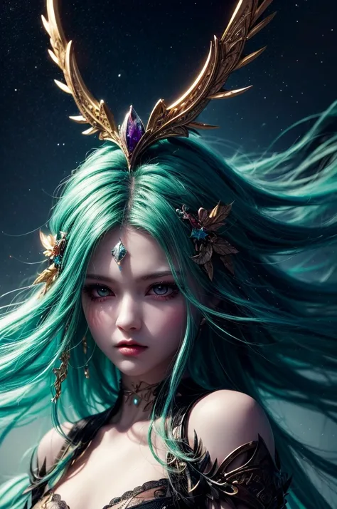 In the middle of  forest  plane there is beatiful siren who dance under the stary night sky, she have neatiful face long green hair with orange highlights her eyes in emerald green  red lipsick and smoky eyes make up, her naked body cover only with black t...