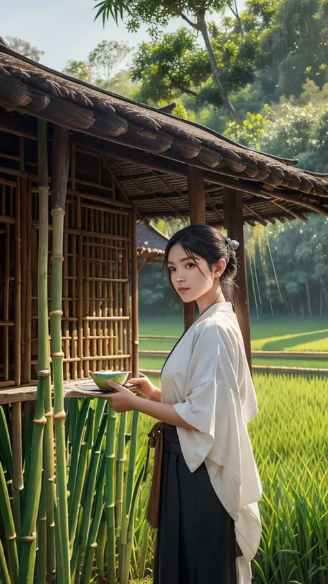 high resolution, high detail, thailand, an old workers bamboo shelter on a rice field in the background, Watercolor, trending on artstation, sharp focus, studio photo, intricate details, highly detailed, by greg rutkowski