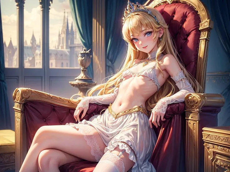 (((top-quality, masterpiece))), (best quality), (detailed), light layer, depict young princess girl, teenage girl, happy, smiling, red lipstick, highly detailed beautiful face, delicate girl, delicate face, beautiful face, blonde straight hair, deep blue e...