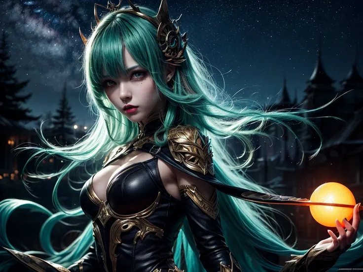 In the middle of  forest  plane there is beatiful undead ghost female who dance under the stary night sky, she have neatiful face long green hair with orange highlights her eyes in emerald green  red lipsick and smoky eyes make up, her naked body cover onl...