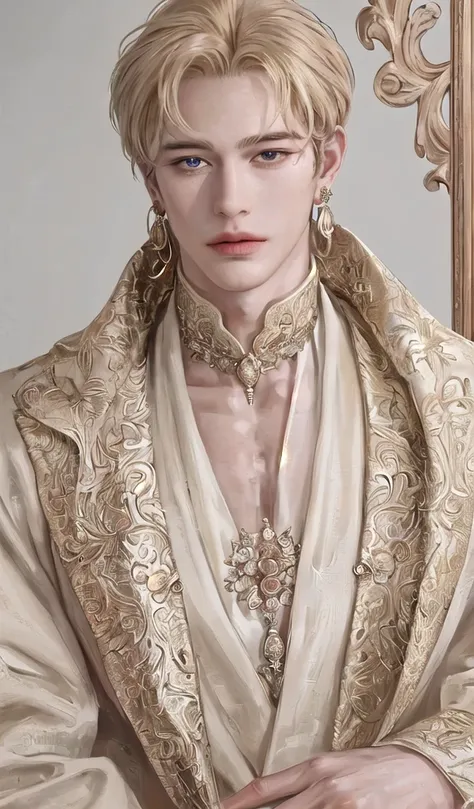 Solo, portrait, earrings, solo,lips, Man. 25 years. King. Royal clothes. Very Tall, muscular and very handsome. 195cm (height). Golden blonde hair and golden eye color. Bright skin. High quality, Detailed, High resolution, Masterpiece, Very high quality.