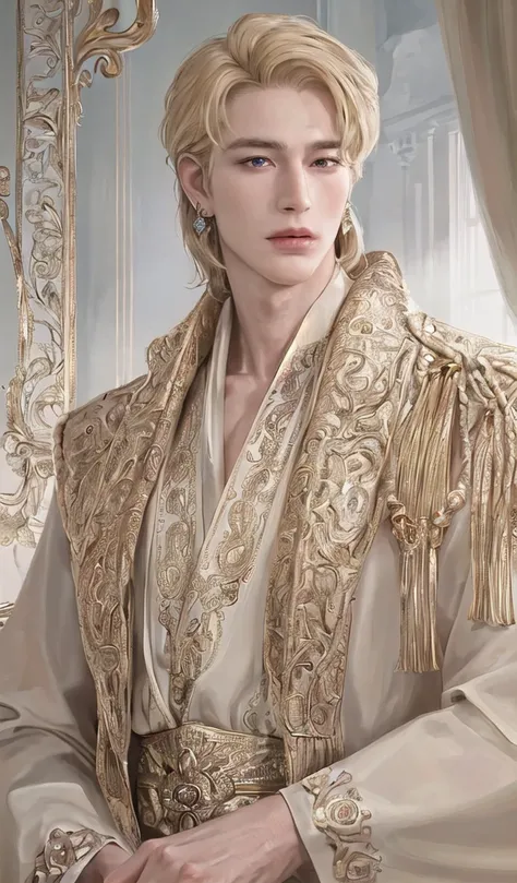 Solo, portrait, earrings, solo,lips, Man. 25 years. King. Royal clothes. Very Tall, muscular and very handsome. 195cm (height). Golden blonde hair and golden eye color. Bright skin. High quality, Detailed, High resolution, Masterpiece, Very high quality.