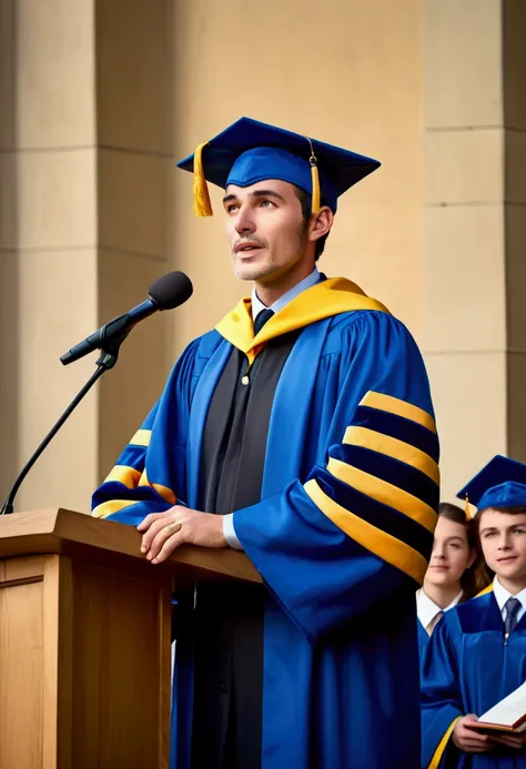 (Award-Winning Moment, holding prize), at a university graduation ceremony, a scholar received an honorary degree for his outstanding research results. Wearing academic robes and a mortar cap, he stood on the podium and delivered a speech. The applause and...