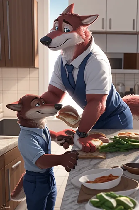 Joachim Wolfbach (Zootopia),tall handsome, wolf,young, 24 years, brown fur, hair on the head,(red body:1.3),Blue eyes, Moscow Dressed, shirt,apron tie,trousers,canine, wolf, detailed fur, Male, antro, paw pads, finger claws,dkrjit bakal, at viewer, 5 finge...