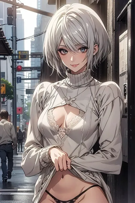 (Highest quality, High resolution, Very detailed), Silver Hair, Super short hair, sweater dress, lace thong, Large Breasts, Perfect Makeup, 24th generation, Beautiful woman, mature, quiet, Calm, A small smile, city Street,