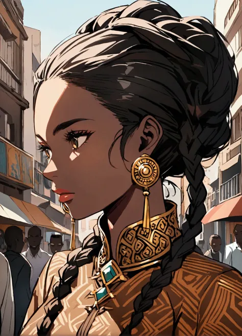 Portrait of an African woman with nago braids in her hair in an African city  