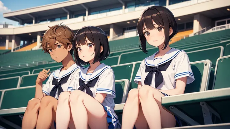 The background is the seats at an outdoor baseball stadium in midsummer.、Upper body shot of two high school girls and boys wearing summer sailor suits。The first person is a cute girl with light brown hair and straight bangs.。The second person is a tall man...