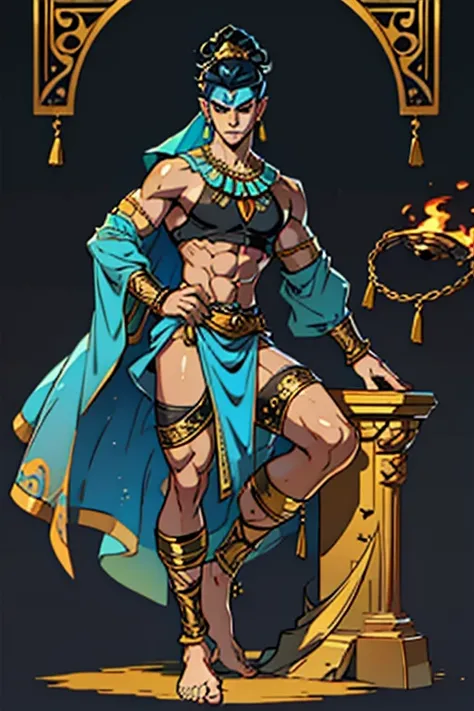 Full-body image: Genie Lamp Man **Description:** - **kor:** 17 years - **Height:** 1,90 m - **body type:** Slim and defined - **body hair:** environment, covering the eyes - **Skinned:** Pale with runes inscribed on the body - **dark circles:** visible, gi...