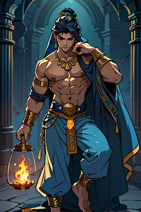 Full-body image: Genie Lamp Man **Description:** - **kor:** 17 years - **Height:** 1,90 m - **body type:** Slim and defined - **body hair:** environment, covering the eyes - **Skinned:** Pale with runes inscribed on the body - **dark circles:** visible, gi...