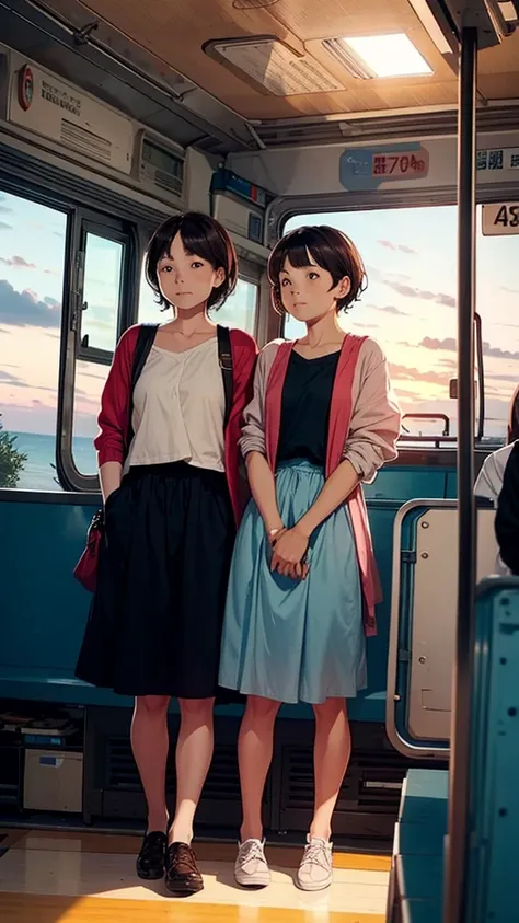 A couple is traveling in a bus. The couple is wearing short clothes. The girl has big hips. The sunset is taking place.