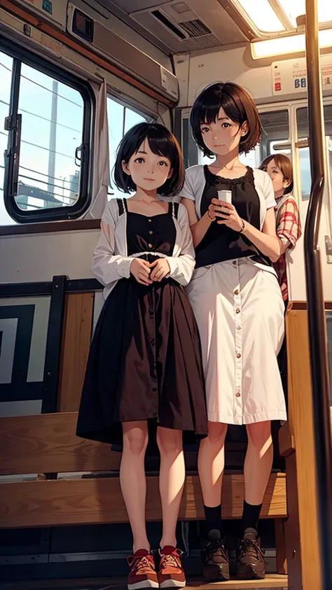 A couple is traveling in a bus. The couple is wearing short clothes. The girl has big hips. The sunset is taking place.