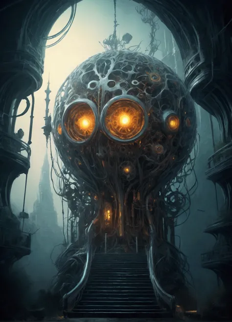 A place of fear in the quantum world. Mechanical Biomorphism, Horror Art. Intricate details, Maximum perfect illustration, digital painting art