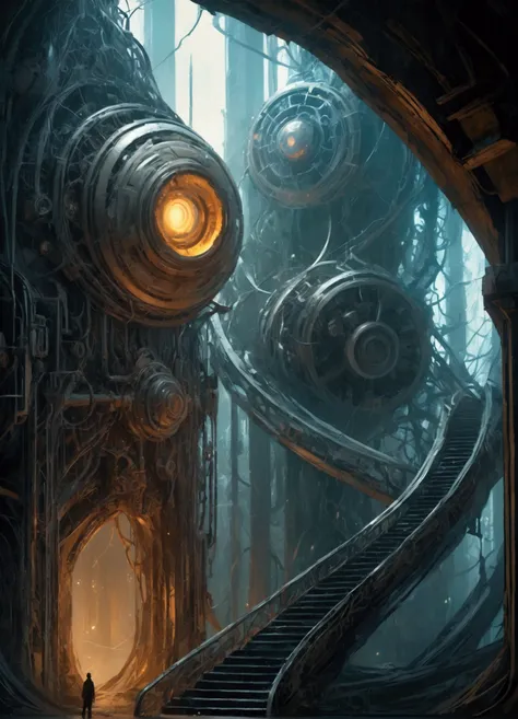 A place of fear in the quantum world. Mechanical Biomorphism, Horror Art. Intricate details, Maximum perfect illustration, digital painting art