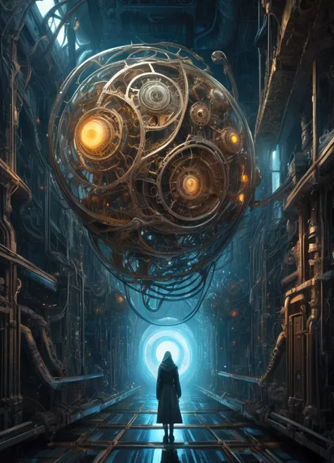 A place of fear in the quantum world. Mechanical Biomorphism, Horror Art. Intricate details, Maximum perfect illustration, digital painting art